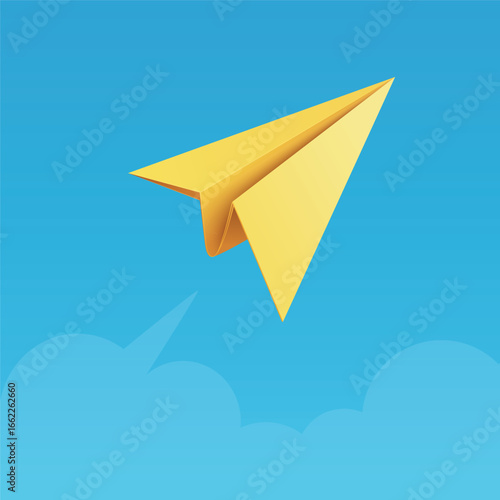 Realistic Yellow Paper Airplane Flying in Blue Sky Background. Conceptual Flight Illustration. Vector Artwork. Creative Aviation Design. Sky Scene with Paper Plane. Vector Illustration