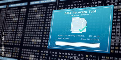 Data recovery process screen on cloud storage server, database protection backup for restore secure file sharing network, cyber security software technology illustration, retro computer monitor UI