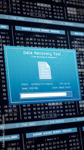 Data recovery process screen on cloud storage server, database protection backup for restore secure file sharing network, cyber security software technology illustration, retro computer monitor UI