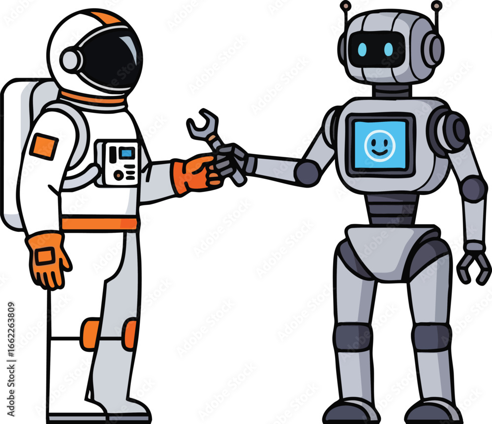 Fototapeta premium Astronaut and Robot Handshake Vector Illustration – Space Cooperation and Technology Concept