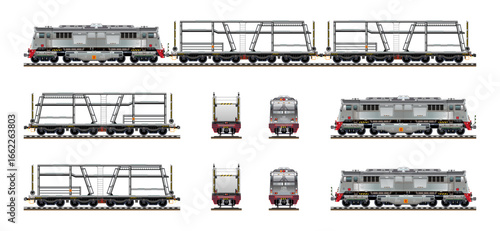 Commuter locomotive carriage train vehicle car carrier on two vehicle levels cargo delivery service realistic model highly detailed flat vector set illustration