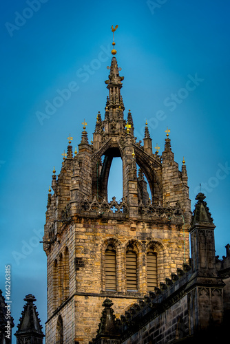 St Giles' Cathedral on the Royal Mile in Edinburgh, Scotland. Old building with a steeple and a dome