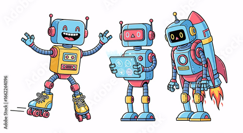 A trio of friendly, colorful cartoon robots: one joyfully roller skating, one using a futuristic tablet, and one equipped with a rocket pack for space exploration.