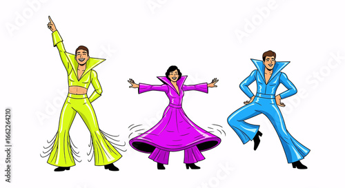 Cartoon illustration of three energetic people dancing in vibrant 1970s disco attire.