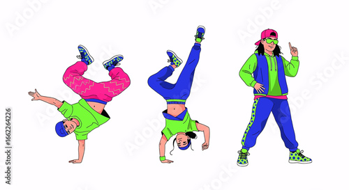 Three breakdancers in colorful 90s hip-hop fashion performing dynamic dance moves.