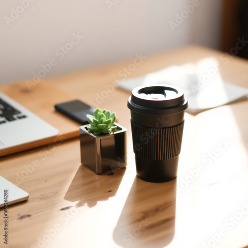 A desk scene with a black coffee cup, a succulent, a phone, and a laptop in bright sunlight