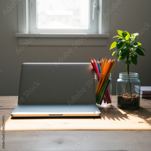 A laptop on a wooden desk with pencils, a plant in a jar, and a window in the background light