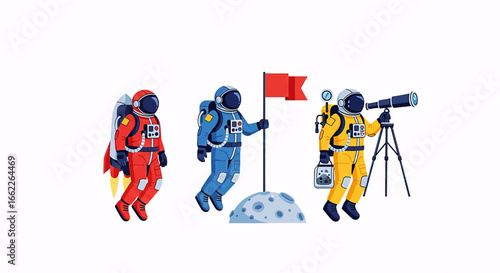 A set of three astronauts in colorful spacesuits exploring space with a flag, jetpack, and telescope.