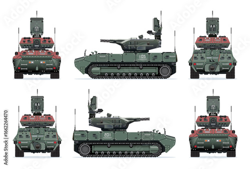 Tank support fighting vehicle BMPT heavy military weapon model realistic highly detailed flat vector set illustration