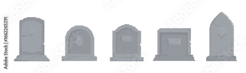 Pixel art tombstone icons in gray, featuring retro design, perfect for creative projects.