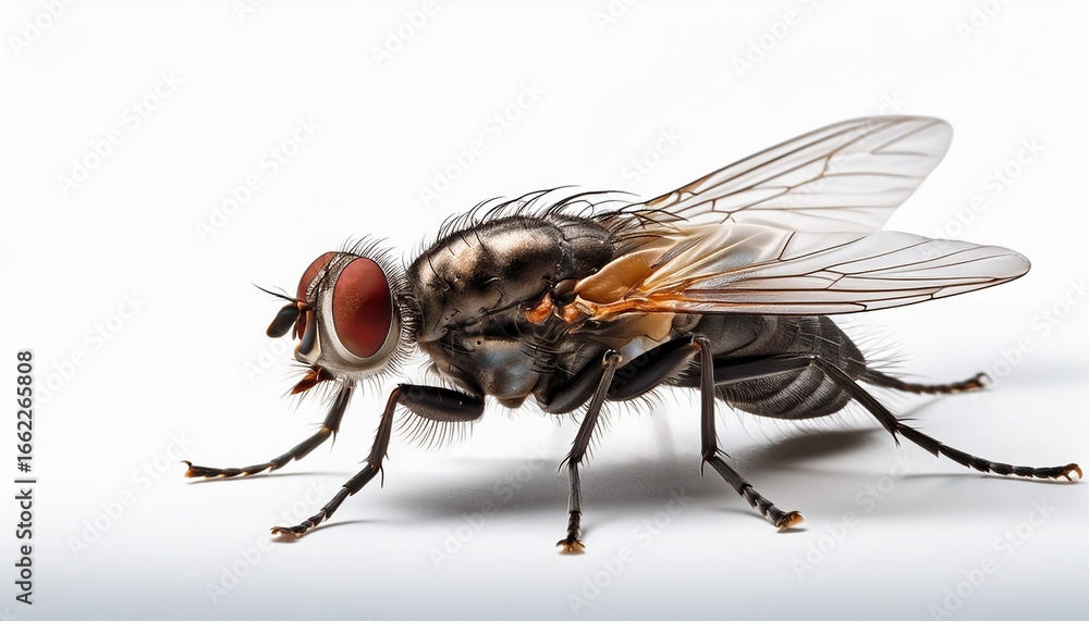 Obraz premium a fly is captured from a side angle showcasing its detailed body structure large eyes and delicate wings against a plain white background emphasizing its unique features