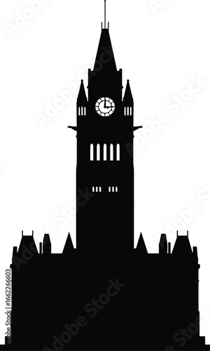 Historic gothic clock tower building silhouette, parliament architecture, old European landmark, cathedral style tower, black skyline vector design
