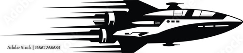 Futuristic spaceship jet vector illustration, fast sci-fi spacecraft in motion, modern space travel design, sleek cosmic vehicle, galactic aviation artwork