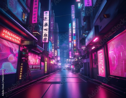 a realistic pc desktop wallpaper of a futuristic cyberpunk japanese tokyo city narrow street road at night pink and purple neon lights on bar boards screens