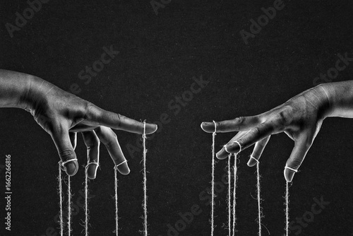 Hands with Controlling Strings, Manipulation Concept in Black and White on Textured Paper Background