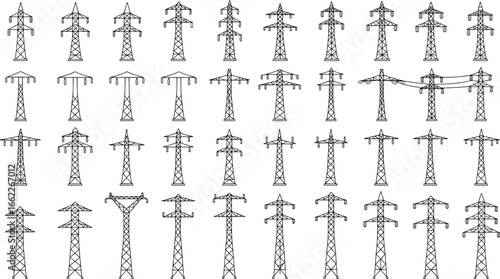 High voltage electricity pylons, power transmission towers set, energy distribution grid, electric utility infrastructure, steel tower vector illustration, black outline