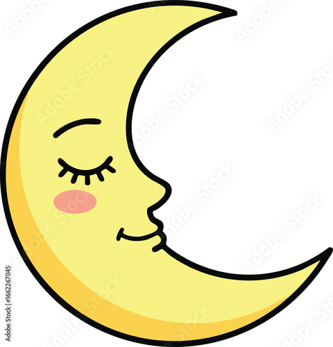 Cute Cartoon Crescent Moon Vector Illustration – Adorable Kawaii Sleeping Moon Face Isolated

