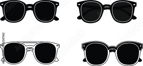Stylish sunglasses vector set, black eyewear collection, modern fashion accessory, summer beach style, trendy glasses illustration, isolated icons