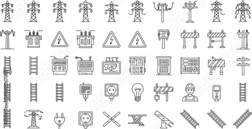 Electricity vector icon set, power line pylons, transformer station, energy distribution, electrical tools, socket, plug, warning signs, engineering symbols