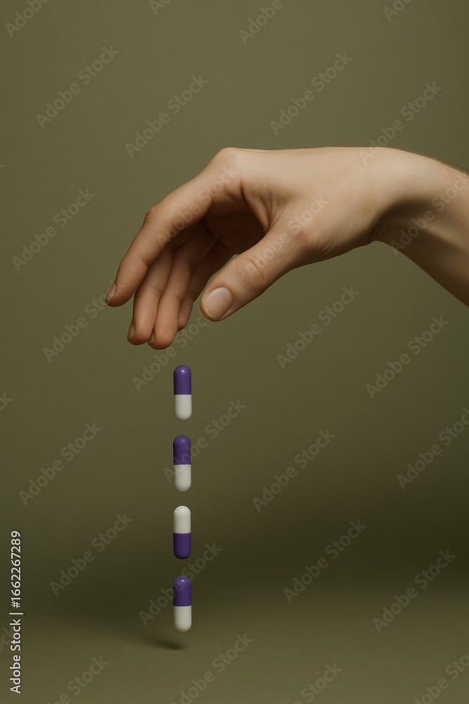 Fototapeta premium Hand releasing purple-white capsules against neutral background