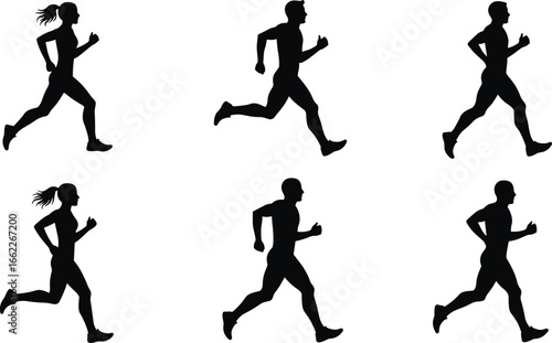 Running man and woman silhouettes, jogging fitness icons, athlete training, sport exercise poses, workout illustration, marathon runner editable vector