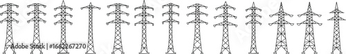 Electricity transmission towers, power pylons, high voltage grid, energy distribution, utility infrastructure, electrical lines, industrial electricity, editable stroke icons