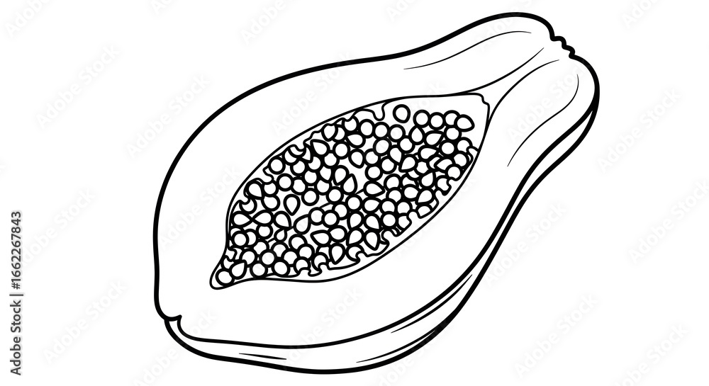 Fototapeta premium Papaya Sketch. Hand drawn vector illustration of sweet exotic tropical fruit. Slice of Thailand Asian food in white and black colors for dessert. Drawing on isolated background in line art style.