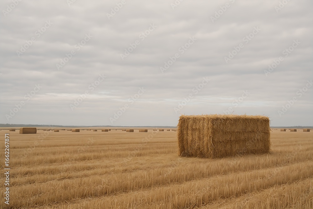 Fototapeta premium Golden hay bales scattered across an expansive field under a cloudy sky
