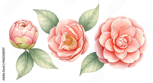 Watercolor hand drawn Roses in pastel pink-peach colors. Drawing of delicate Flowers on isolated background. Floral illustration for greeting cards or wedding invitations. Botanical sketch