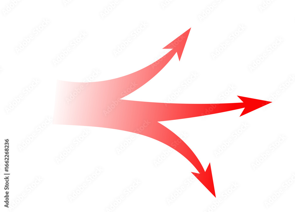 Fototapeta premium Bold red arrow design splits into three paths, suggesting dynamic motion and strategic direction.