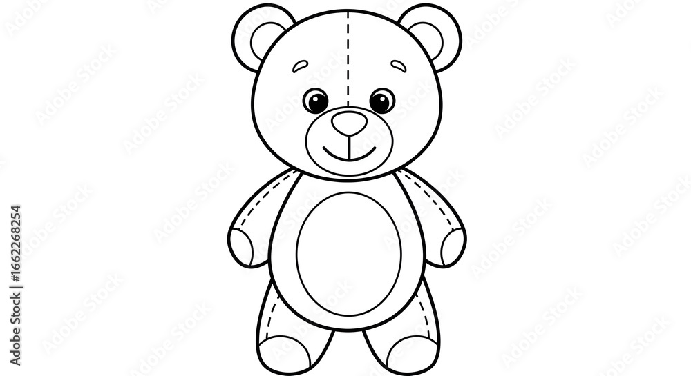 Obraz premium Teddy Bear. Vector illustration of cute little kid Toy in outline style. Drawing in outline style on isolated background in white and black colors. Sketch of object for baby game. Contour engraving.