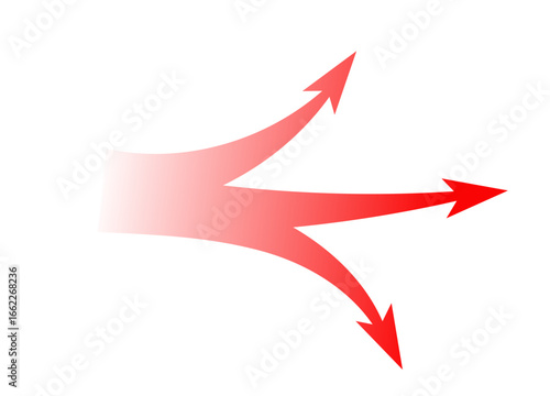 Bold red arrow design splits into three paths, suggesting dynamic motion and strategic direction.