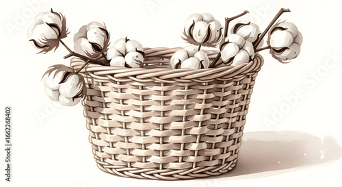 Hand drawn watercolor Cotton Flowers. Dried plants in Basket. Illustration for wedding invitation or greeting cards in vintage style. White floral Bouquet on isolated background in cute pastel colors