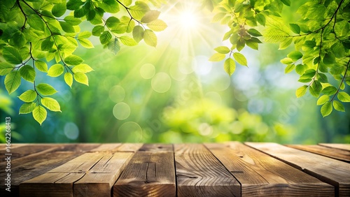 Closeup of a rustic wooden table surface with vibrant green leaves and bright sunlight filtering through in the background