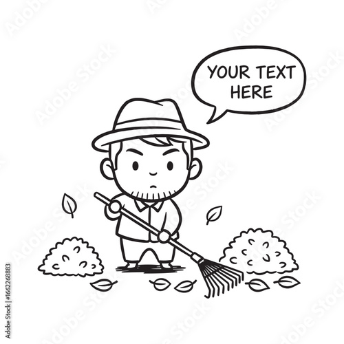 Cartoon Man with Hat Raking Autumn Leaves with Speech Bubble