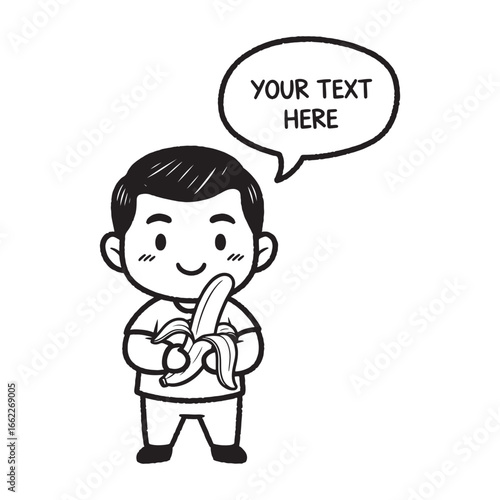 Cute Cartoon Boy Eating a Healthy Banana Snack with Speech Bubble