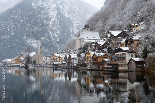 Hallstatt's Winter Embrace: Serene Reflection of Snowy Austrian Village