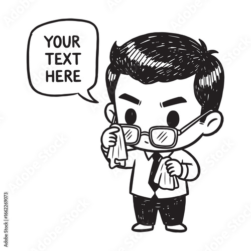 Cartoon Man in Tie Cleaning His Eyeglasses with Speech Bubble