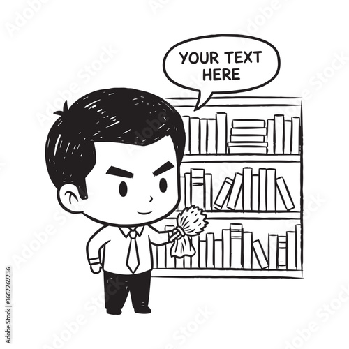 Cartoon Man Dusting a Bookshelf with a Feather Duster and Speech Bubble