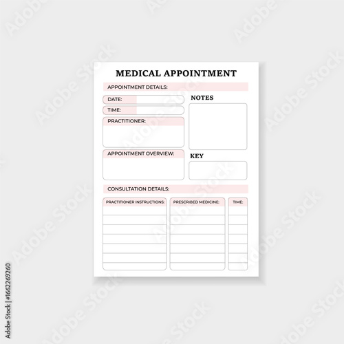 Form for organizing medical appointments. includes sections for details, notes, and consultation info.