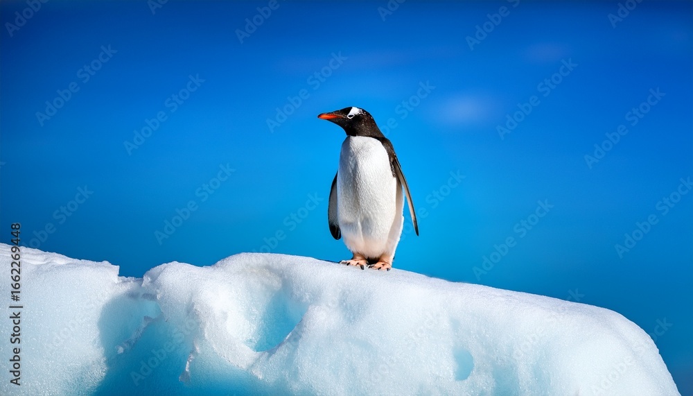Fototapeta premium solitary penguin standing on snowy iceberg against bright blue sky
