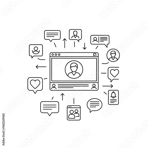 Line art illustration of social media network with user profiles, comments, likes, and notifications surrounding a central video call window.