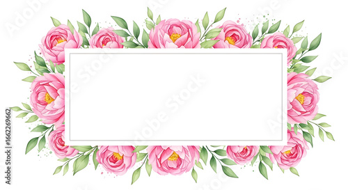 Watercolor Floral Frame with pink Rose flowers and green leaves. Hand drawn square border. Template for greeting cards or wedding invitations on isolated background. Romantic botanical backdrop