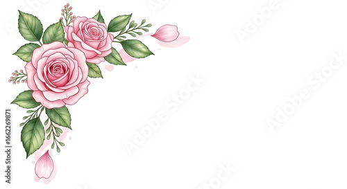 Watercolor abstract Flowers in orange and pink colors. Hand drawn floral illustration for greeting cards or wedding invitations. Bouquet with green leaves on isolated background. Botanical sketch.