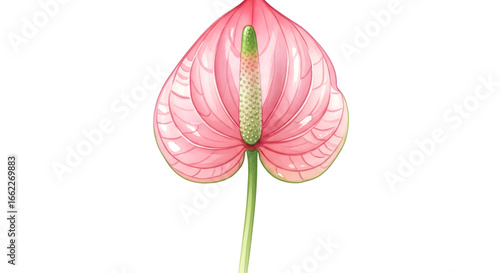 Watercolor Anthurium pink Flower. Hand drawn illustration of tropical exotic plant on isolated background. Botanical drawing for greeting cards or wedding invitations in jungle style. Colorful sketch