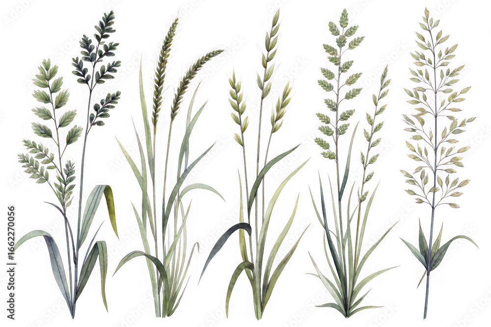 Fototapeta premium Collection of various wild grass species with detailed seed heads isolated on transparent background