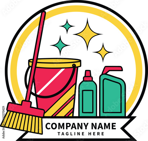 Bright and clean emblem featuring a red and yellow bucket with a red broom and two green cleaning product bottles symbolizing a sparkling and spotless home or business