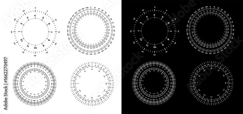 Circular measuring scales feature radial tick marks and numbers for accurate calibration and measurement.