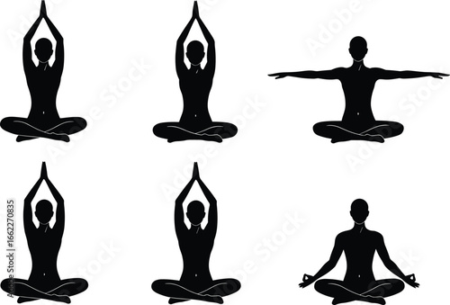 Yoga silhouette set with seated meditation poses, fitness exercise postures, lotus position, wellness illustration, healthy lifestyle vector design