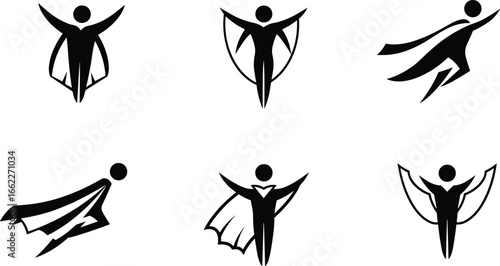 Abstract superhero icon set, flying human figure with cape, hero logo design, leadership success, motivational business symbol illustration